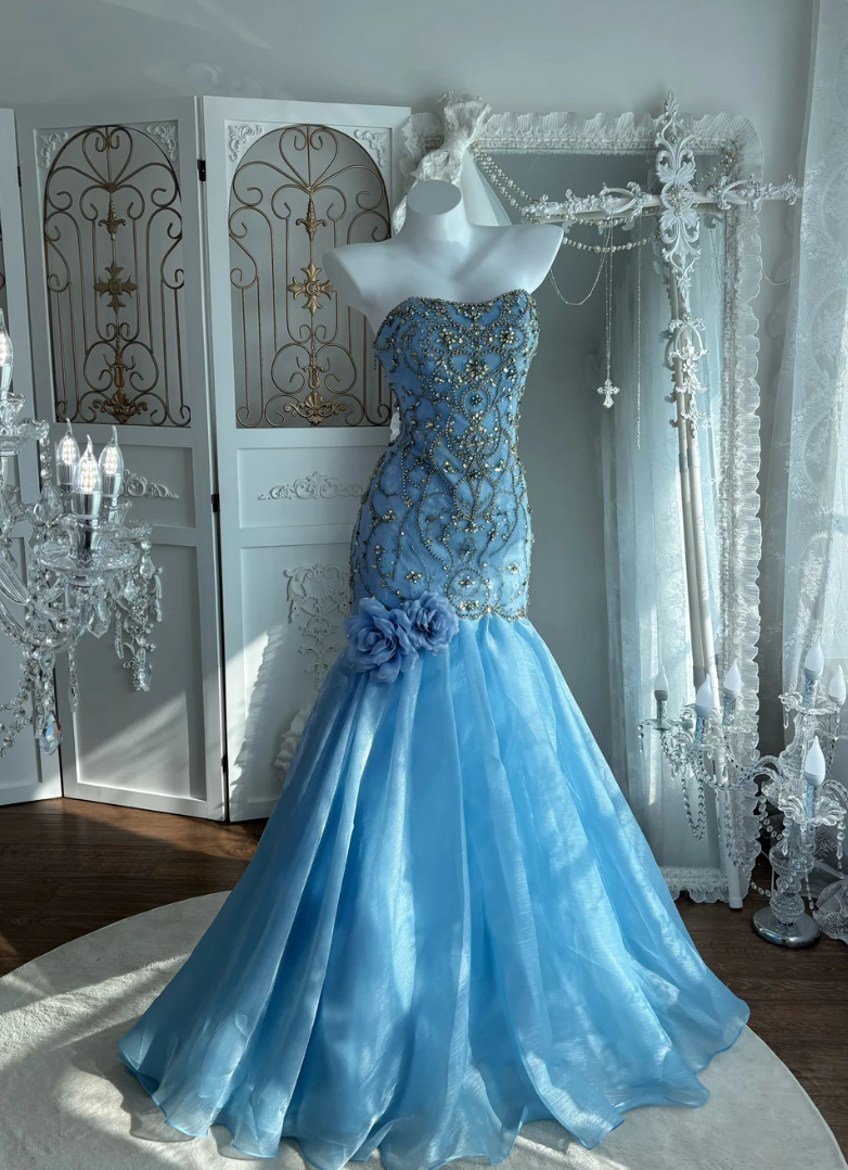 Unique Strapless Blue Prom Dress Beading Floral Mermaid Evening Dress GG7622
