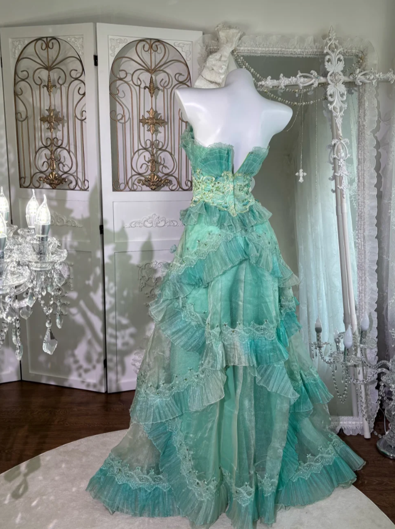 Classical Strapless Green Prom Dress Appliques Sequins A-Line Evening Dress GG7623