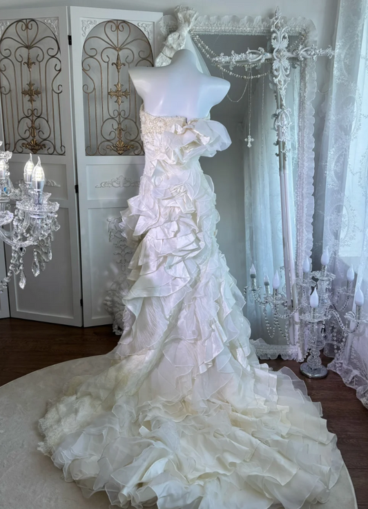 Fascinating Strapless Wedding Dress Beading Floral Ruffled Mermaid Bridal Dress GG7624