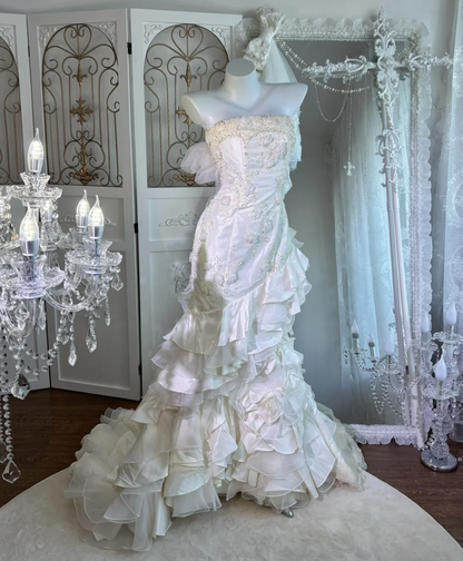 Fascinating Strapless Wedding Dress Beading Floral Ruffled Mermaid Bridal Dress GG7624