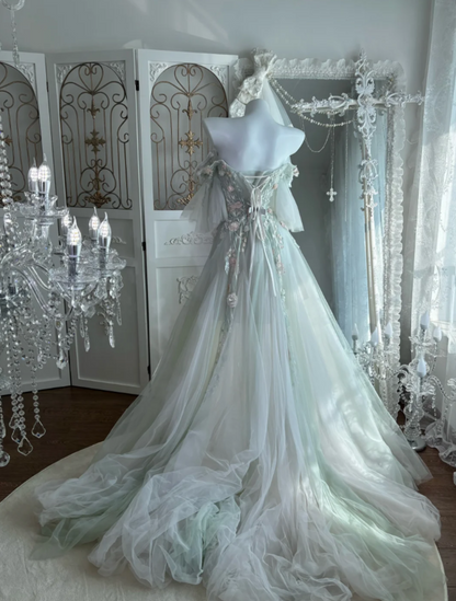 Ethereal Off The Shoulder Green Prom Dress Appliques Beads Tulle A-Line Evening Dress GG7625