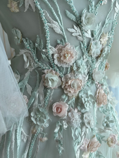 Ethereal Off The Shoulder Green Prom Dress Appliques Beads Tulle A-Line Evening Dress GG7625
