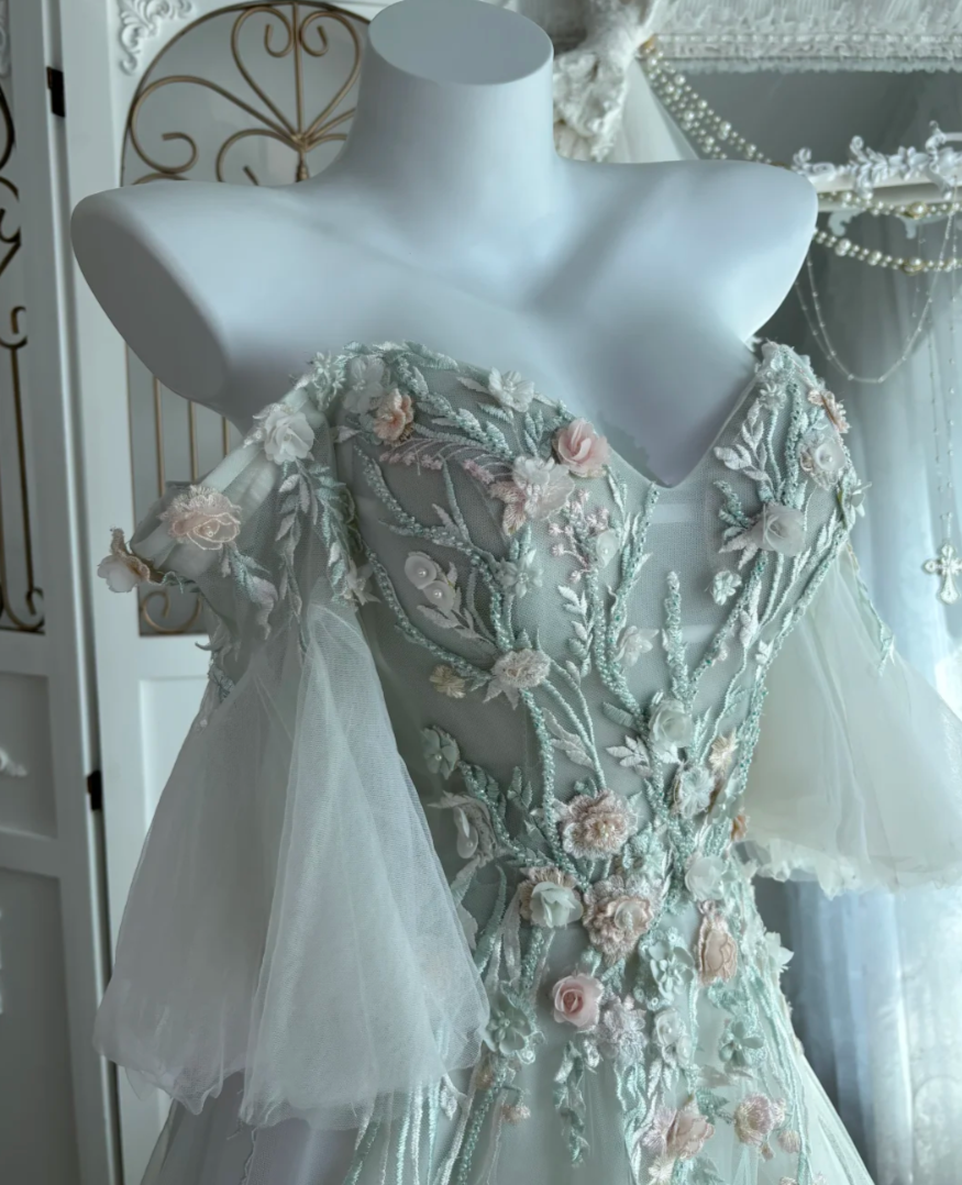 Ethereal Off The Shoulder Green Prom Dress Appliques Beads Tulle A-Line Evening Dress GG7625
