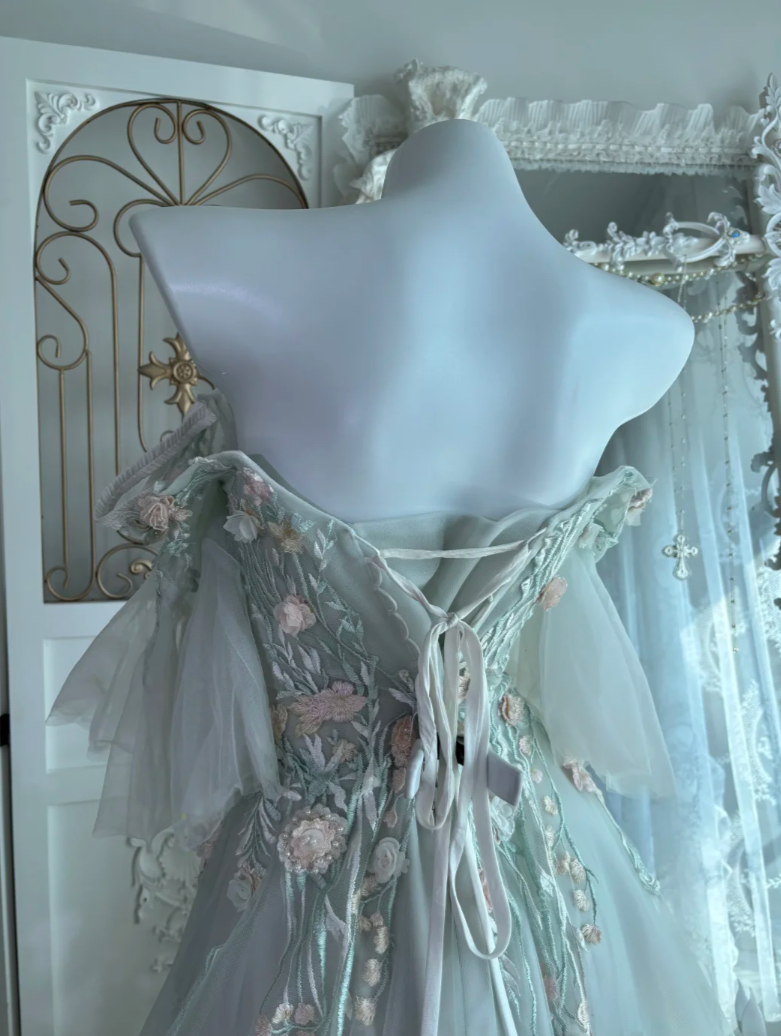 Ethereal Off The Shoulder Green Prom Dress Appliques Beads Tulle A-Line Evening Dress GG7625