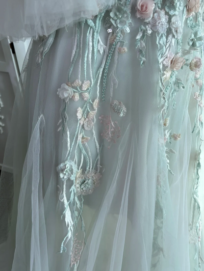 Ethereal Off The Shoulder Green Prom Dress Appliques Beads Tulle A-Line Evening Dress GG7625
