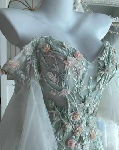 Ethereal Off The Shoulder Green Prom Dress Appliques Beads Tulle A-Line Evening Dress GG7625