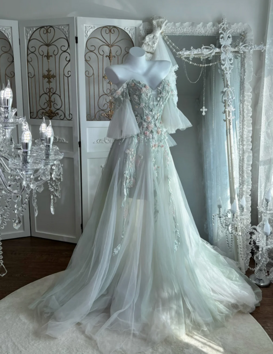 Ethereal Off The Shoulder Green Prom Dress Appliques Beads Tulle A-Line Evening Dress GG7625