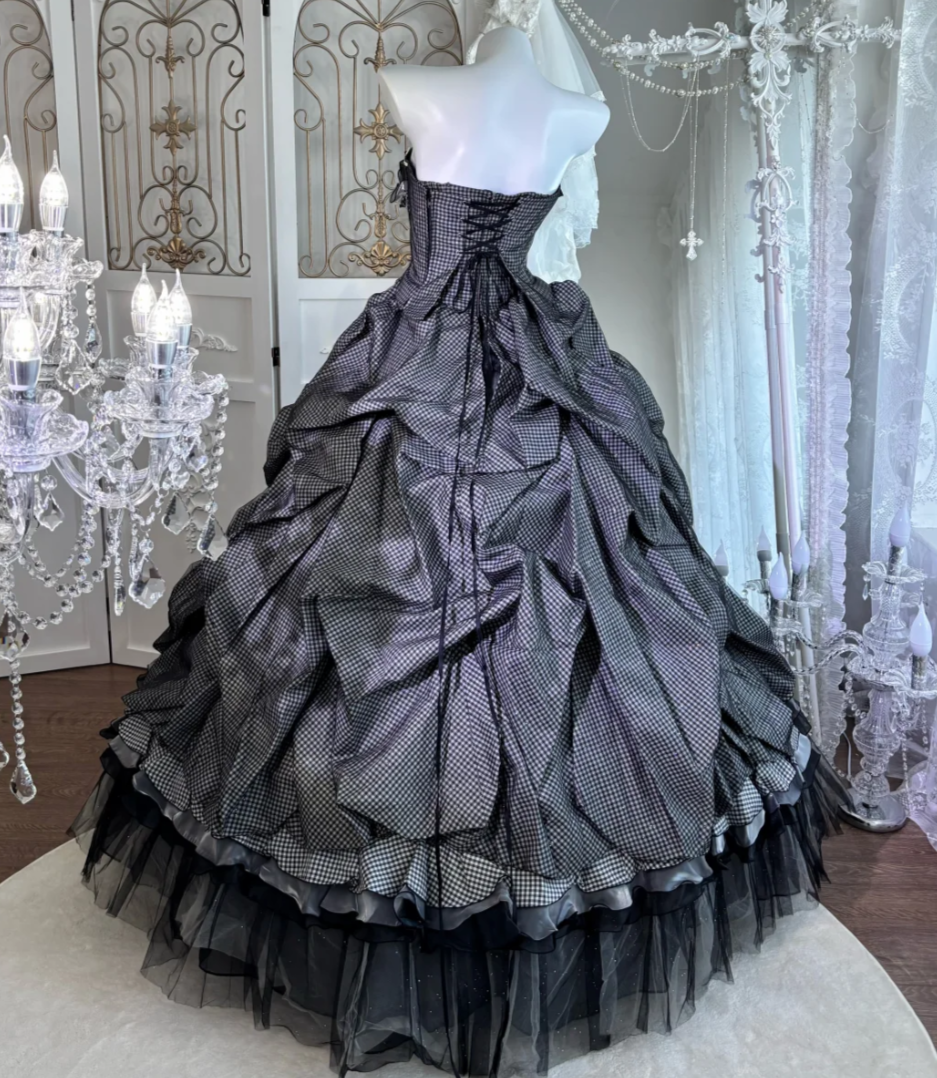 Adorable Strapless Black Prom Dress Bows Plaid A-Line Evening Dress GG7626
