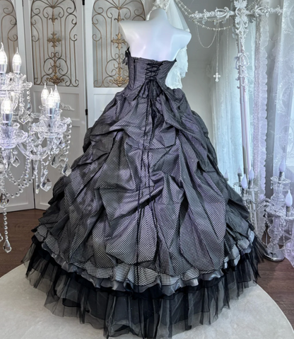 Adorable Strapless Black Prom Dress Bows Plaid A-Line Evening Dress GG7626