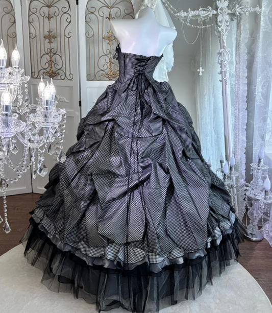 Adorable Strapless Black Prom Dress Bows Plaid A-Line Evening Dress GG7626