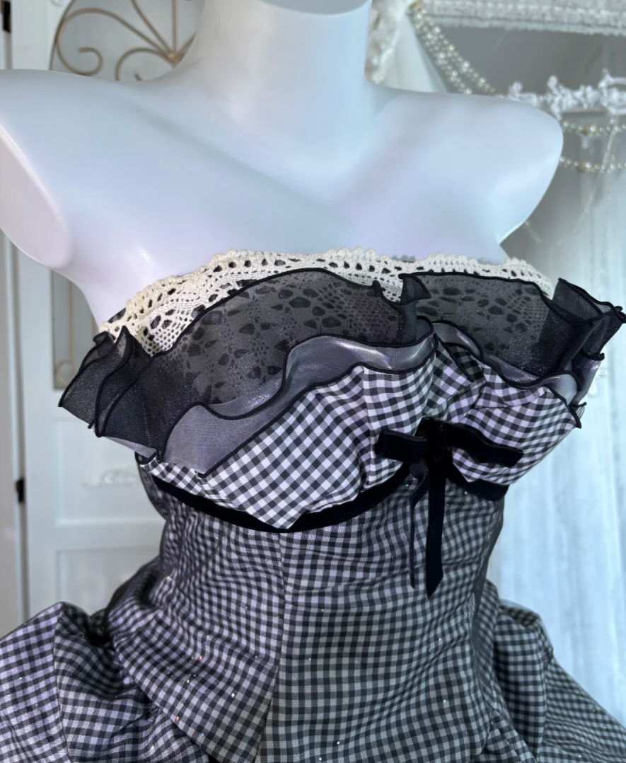 Adorable Strapless Black Prom Dress Bows Plaid A-Line Evening Dress GG7626