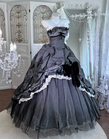 Adorable Strapless Black Prom Dress Bows Plaid A-Line Evening Dress GG7626