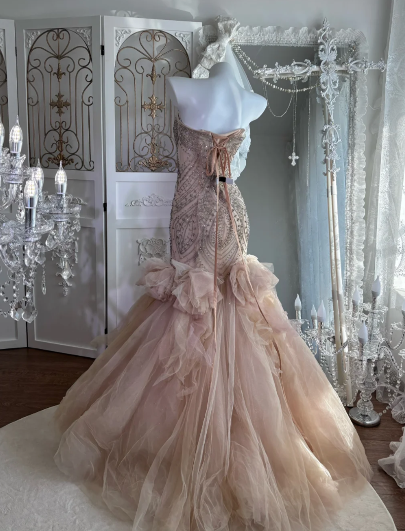 Gorgeous Sweetheart Apricot Prom Dress Beading Flowers Mermaid Evening Dress GG7627