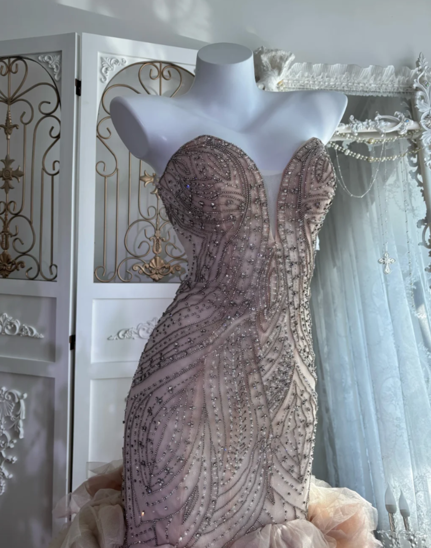 Gorgeous Sweetheart Apricot Prom Dress Beading Flowers Mermaid Evening Dress GG7627
