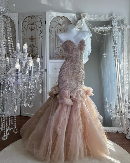Gorgeous Sweetheart Apricot Prom Dress Beading Flowers Mermaid Evening Dress GG7627