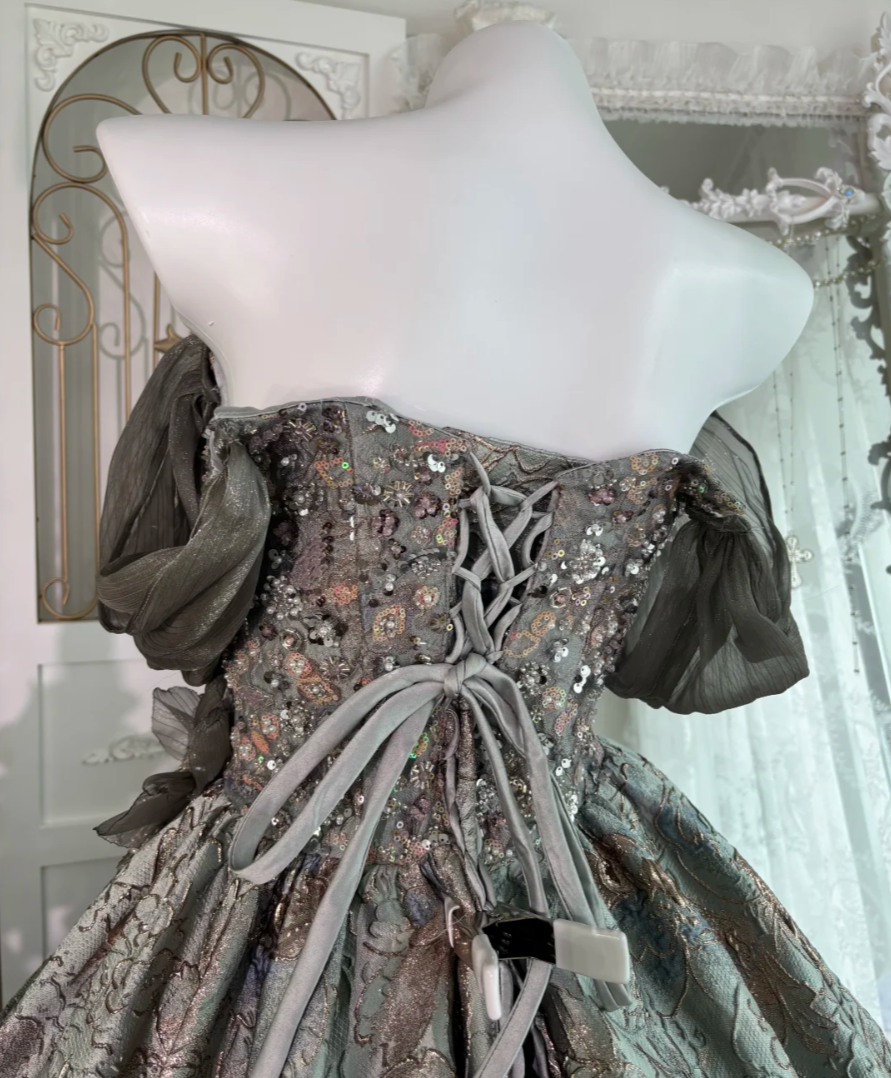 Ornate Off The Shoulder Prom Dress Beading Sequins Jacquard A-Line Evening Dress GG7628