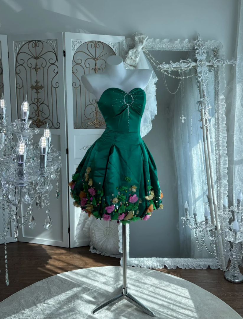 Retro Strapless Green Homecoming Dress Appliques Sequins A-Line Birthday Dress GG7629