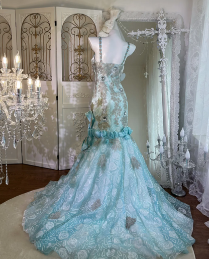 Attractive Spaghetti Straps Prom Dress Blue Flowers Crystals Mermaid Evening Dress GG7633