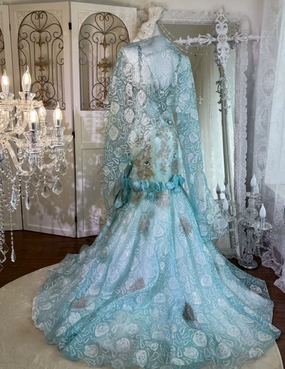 Attractive Spaghetti Straps Prom Dress Blue Flowers Crystals Mermaid Evening Dress GG7633
