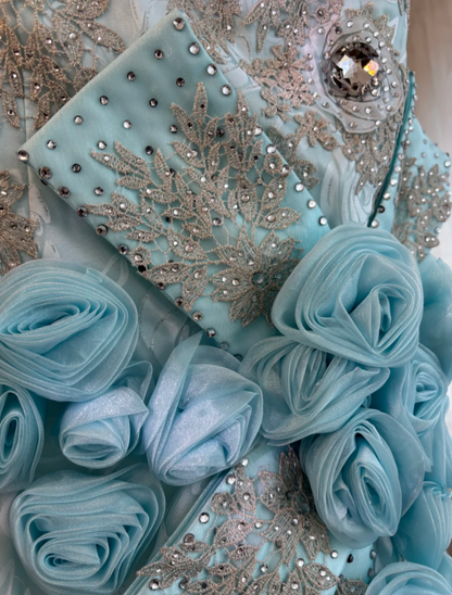 Attractive Spaghetti Straps Prom Dress Blue Flowers Crystals Mermaid Evening Dress GG7633