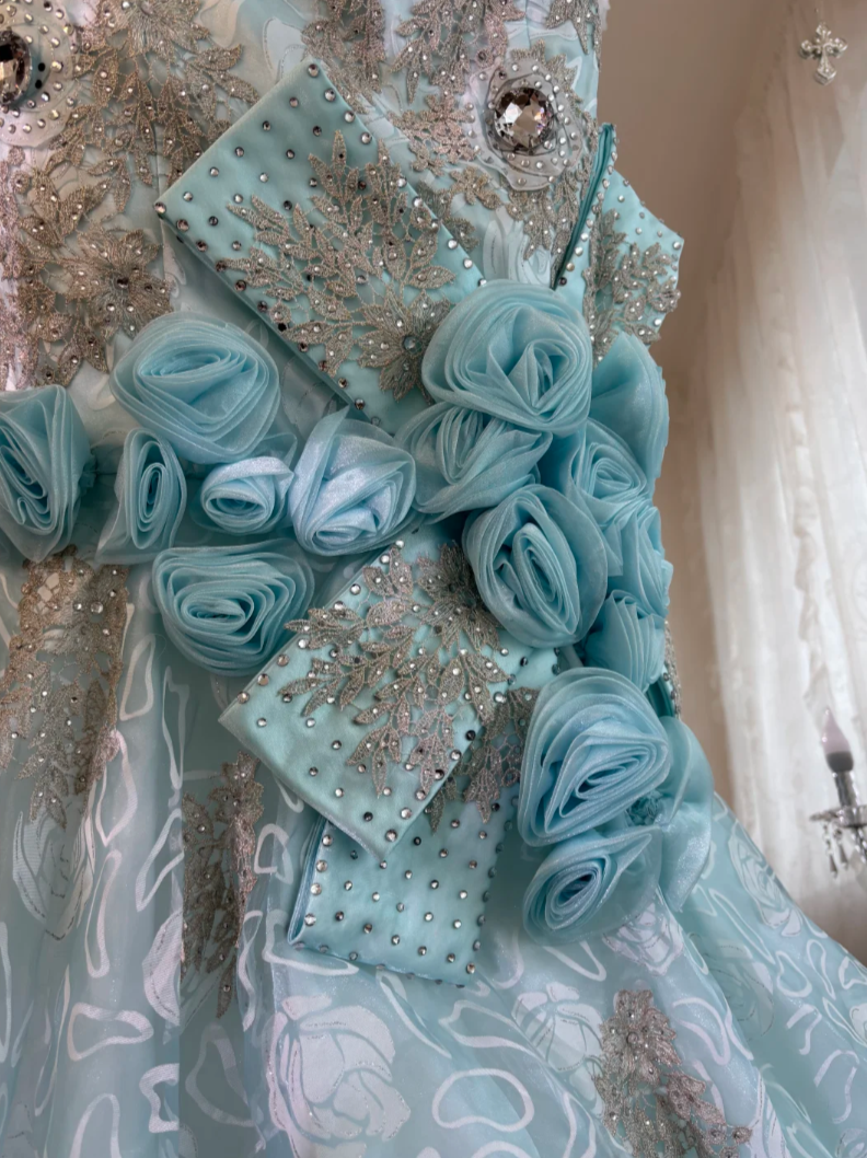Attractive Spaghetti Straps Prom Dress Blue Flowers Crystals Mermaid Evening Dress GG7633