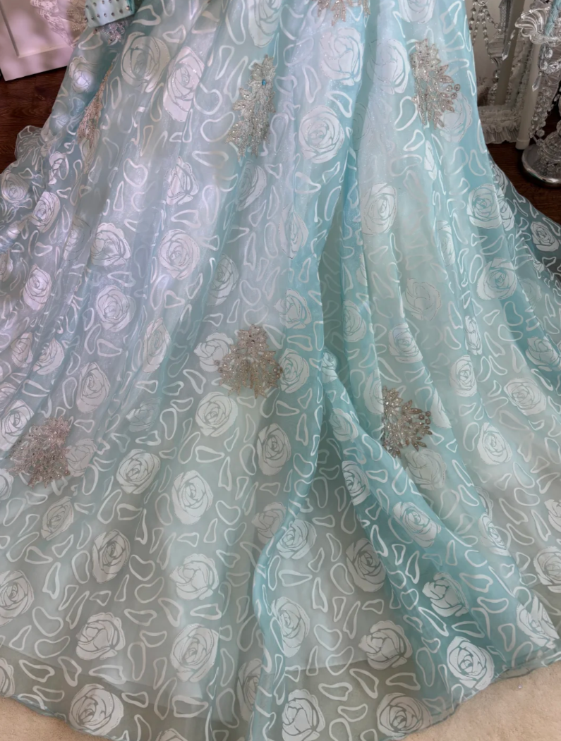 Attractive Spaghetti Straps Prom Dress Blue Flowers Crystals Mermaid Evening Dress GG7633