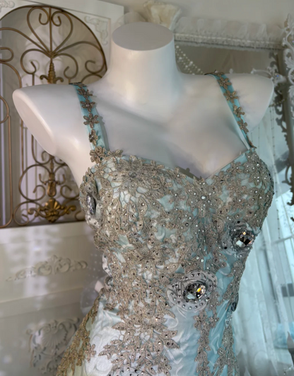 Attractive Spaghetti Straps Prom Dress Blue Flowers Crystals Mermaid Evening Dress GG7633