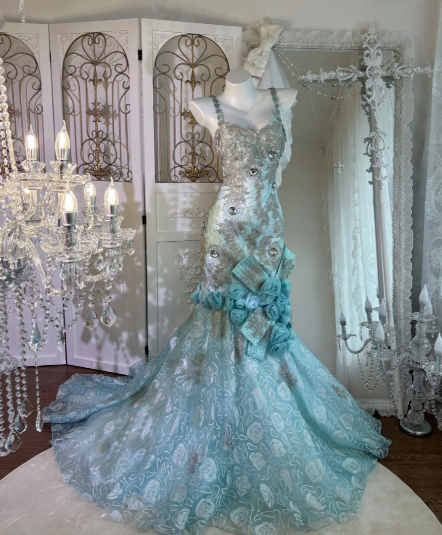 Attractive Spaghetti Straps Prom Dress Blue Flowers Crystals Mermaid Evening Dress GG7633