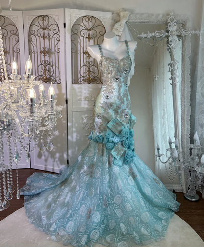 Attractive Spaghetti Straps Prom Dress Blue Flowers Crystals Mermaid Evening Dress GG7633