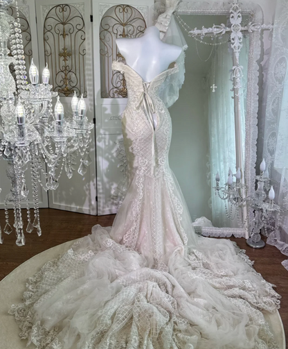 Graceful Off The Shoulder Wedding Dress Appliques Sequins Mermaid Bridal Dress GG7634