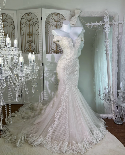 Graceful Off The Shoulder Wedding Dress Appliques Sequins Mermaid Bridal Dress GG7634