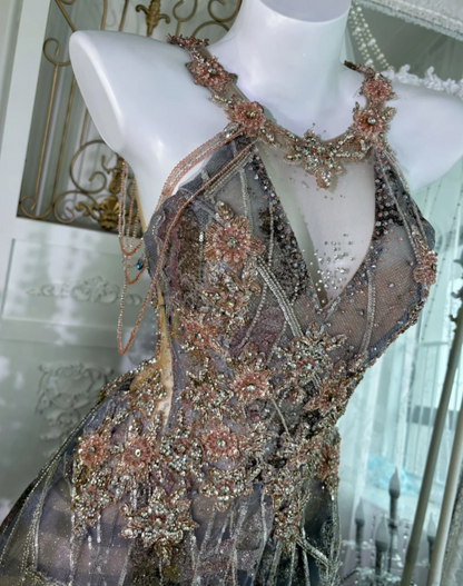 Trendy Halter Neck Prom Dress Purple Beaded A-Line Evening Dress GG7635