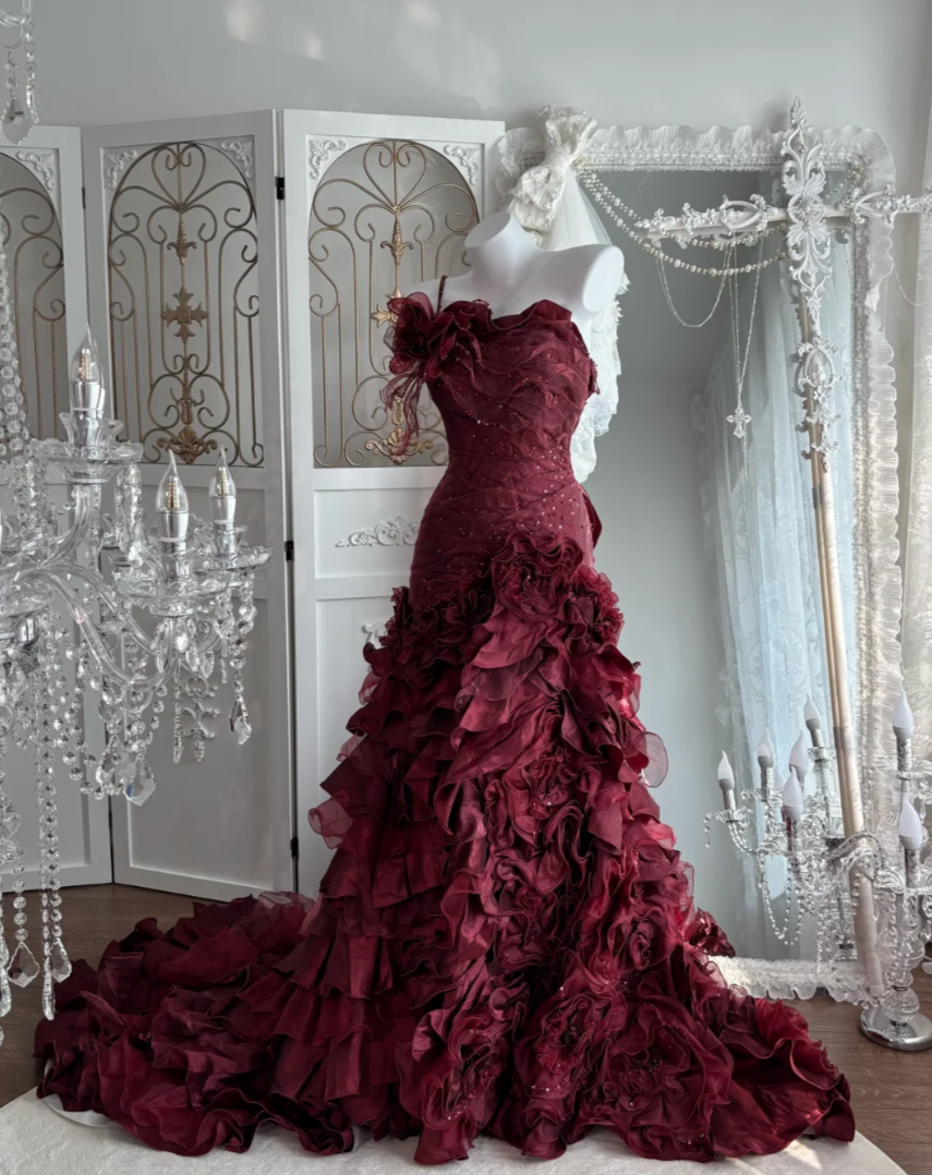 Alluring One Shoulder Tiered Prom Dress Red Flowers Sequins Mermaid Evening Dress GG7638