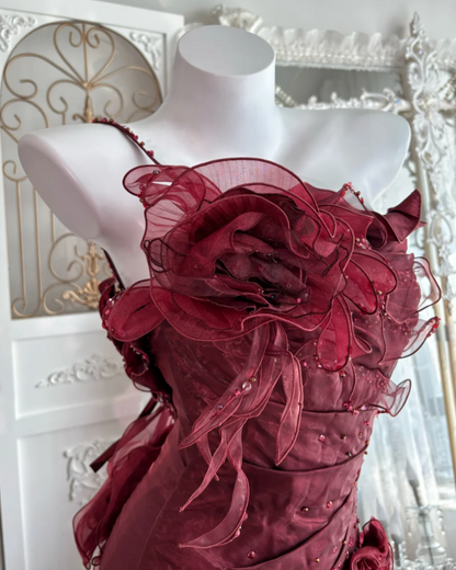 Alluring One Shoulder Tiered Prom Dress Red Flowers Sequins Mermaid Evening Dress GG7638