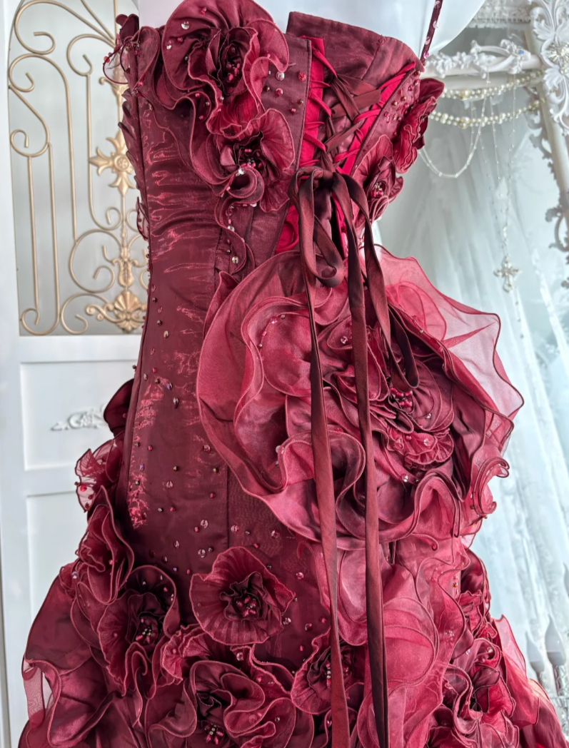 Alluring One Shoulder Tiered Prom Dress Red Flowers Sequins Mermaid Evening Dress GG7638