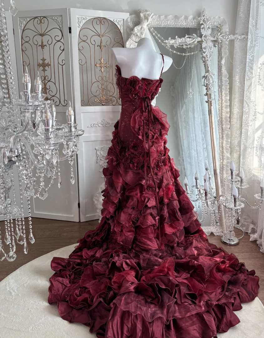 Alluring One Shoulder Tiered Prom Dress Red Flowers Sequins Mermaid Evening Dress GG7638
