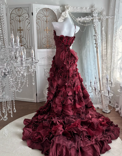 Alluring One Shoulder Tiered Prom Dress Red Flowers Sequins Mermaid Evening Dress GG7638