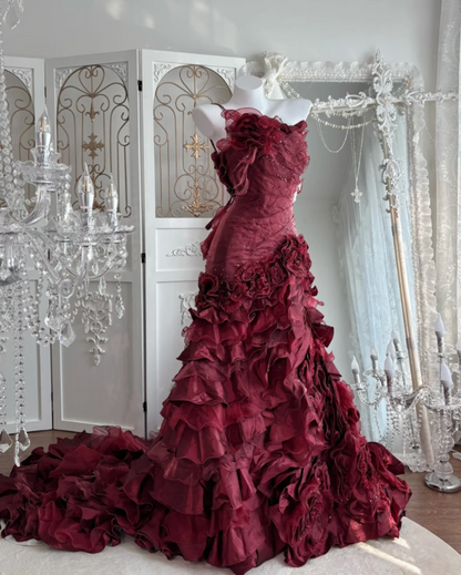 Alluring One Shoulder Tiered Prom Dress Red Flowers Sequins Mermaid Evening Dress GG7638