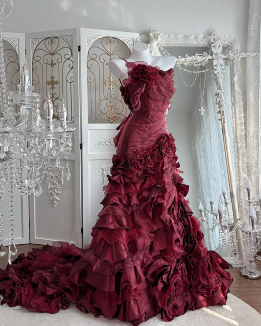 Alluring One Shoulder Tiered Prom Dress Red Flowers Sequins Mermaid Evening Dress GG7638
