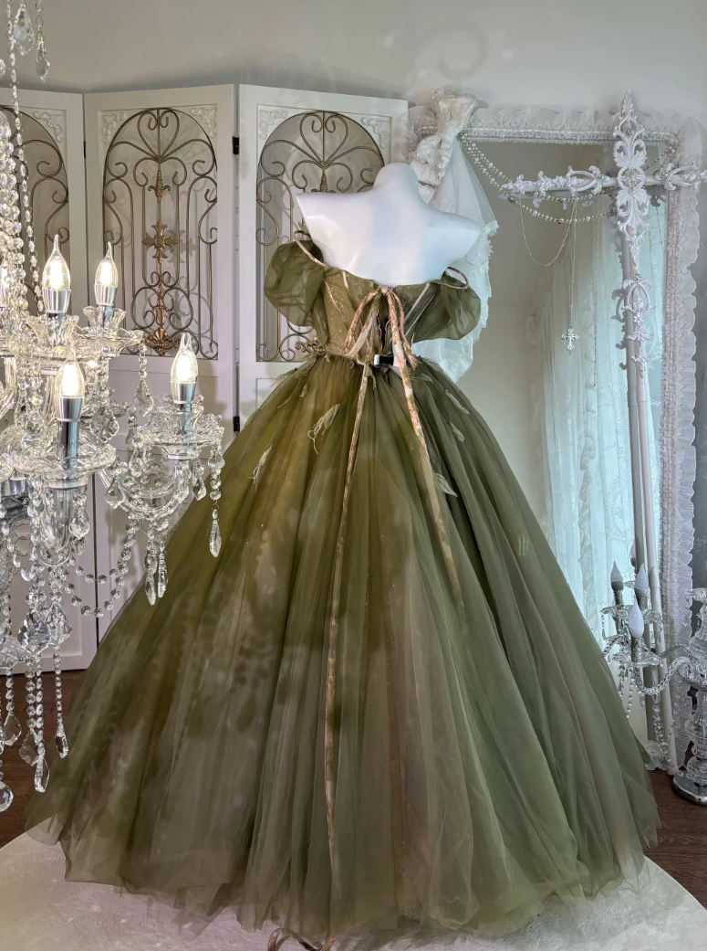 Romantic Off The Shoulder Prom Dress Green Sequins Feather Tulle A-Line Evening Dress GG7639