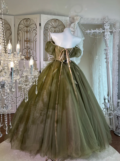 Romantic Off The Shoulder Prom Dress Green Sequins Feather Tulle A-Line Evening Dress GG7639