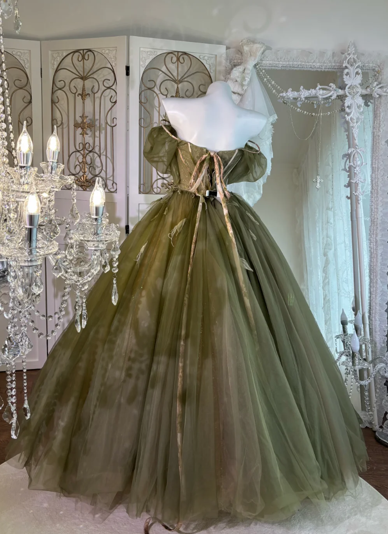 Romantic Off The Shoulder Prom Dress Green Sequins Feather Tulle A-Line Evening Dress GG7639