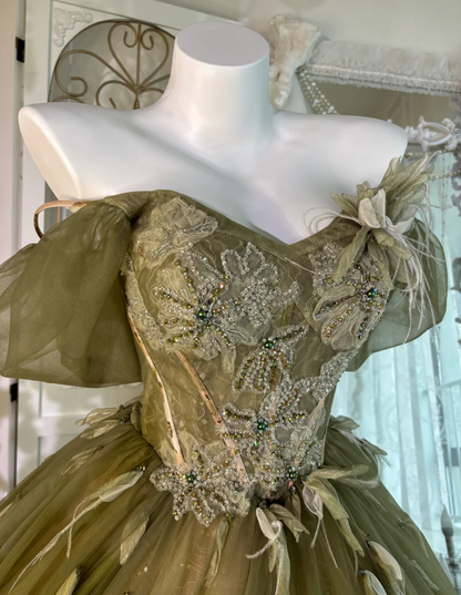 Romantic Off The Shoulder Prom Dress Green Sequins Feather Tulle A-Line Evening Dress GG7639