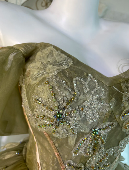 Romantic Off The Shoulder Prom Dress Green Sequins Feather Tulle A-Line Evening Dress GG7639