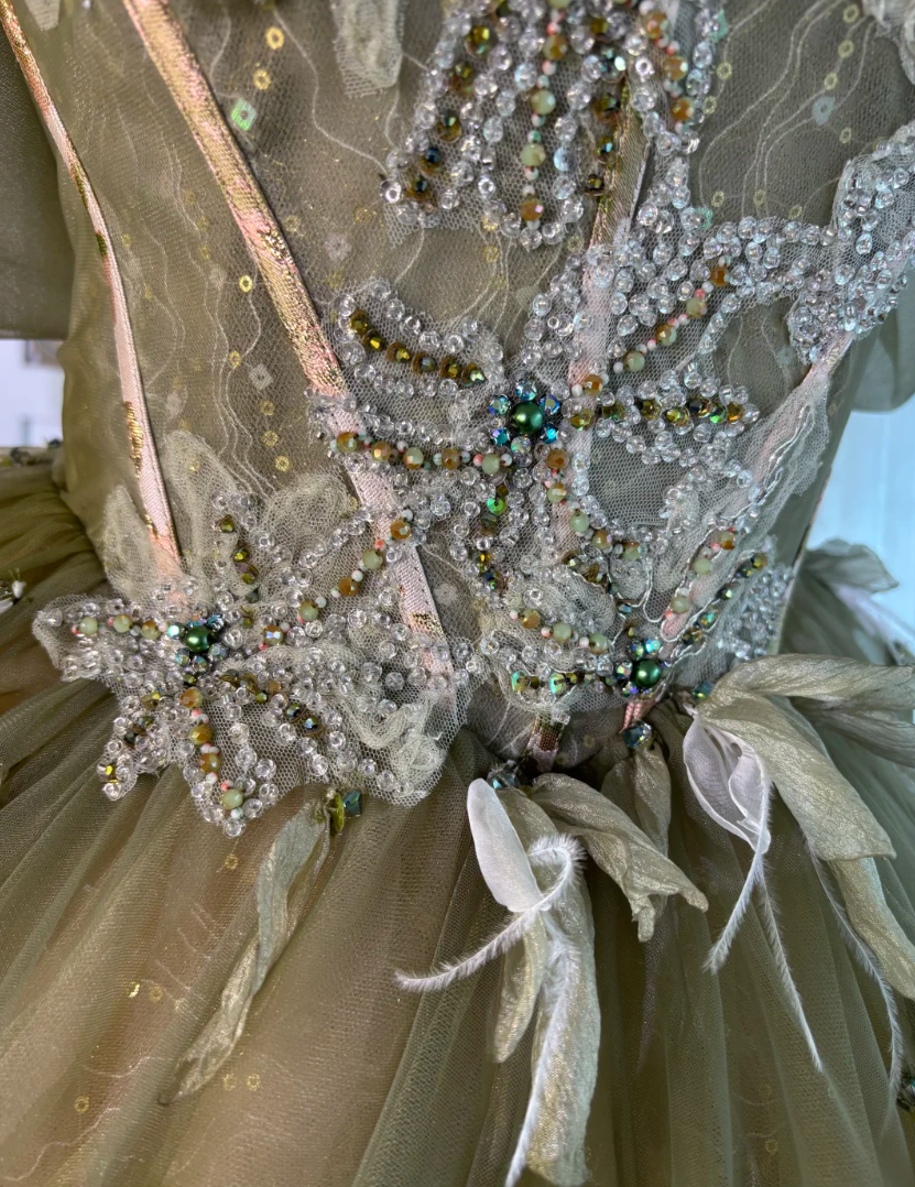 Romantic Off The Shoulder Prom Dress Green Sequins Feather Tulle A-Line Evening Dress GG7639