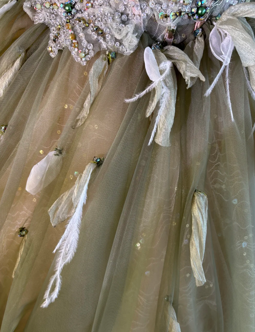 Romantic Off The Shoulder Prom Dress Green Sequins Feather Tulle A-Line Evening Dress GG7639