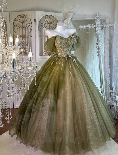 Romantic Off The Shoulder Prom Dress Green Sequins Feather Tulle A-Line Evening Dress GG7639