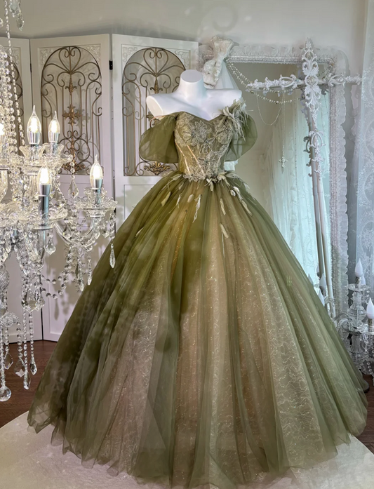 Romantic Off The Shoulder Prom Dress Green Sequins Feather Tulle A-Line Evening Dress GG7639
