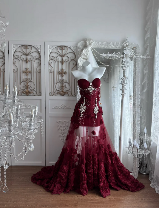 Charming Strapless Red Flowers Prom Dress Rhinestones Sequins Mermaid Evening Dress GG7640