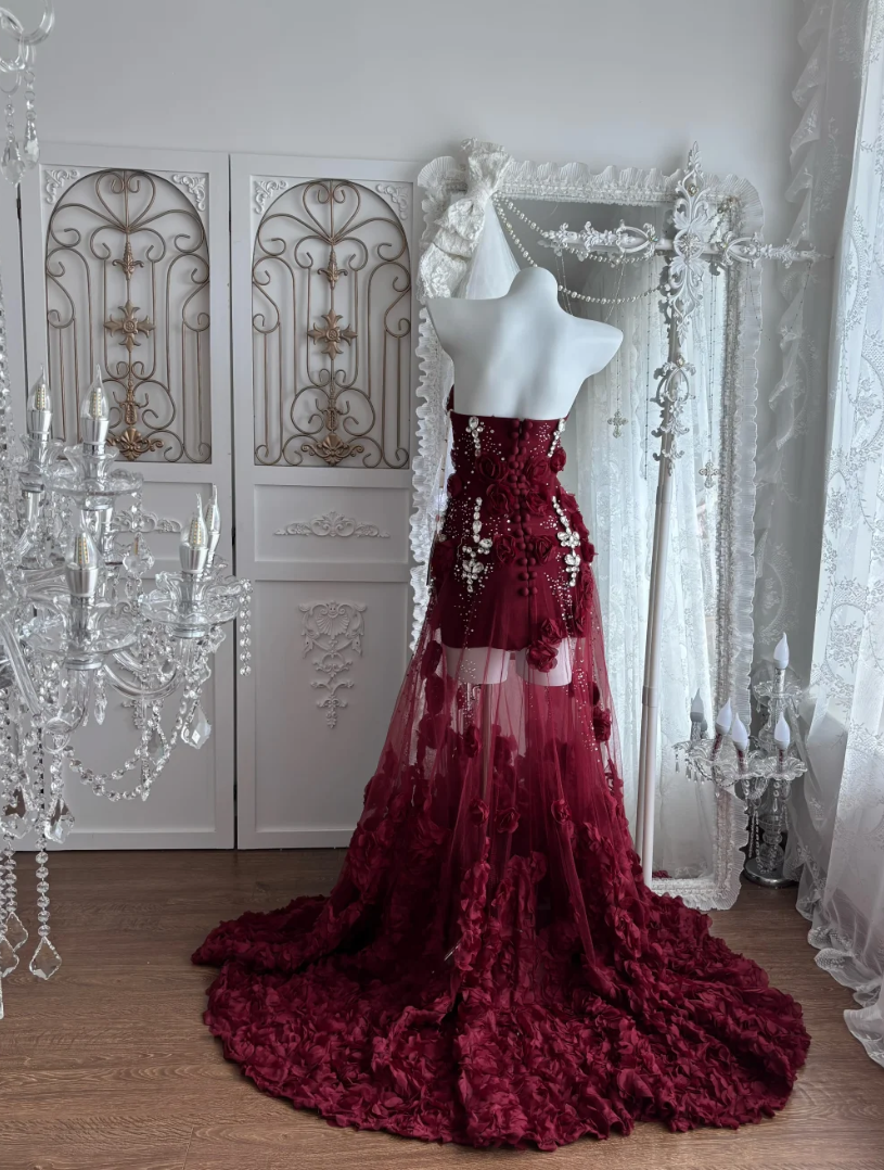 Charming Strapless Red Flowers Prom Dress Rhinestones Sequins Mermaid Evening Dress GG7640
